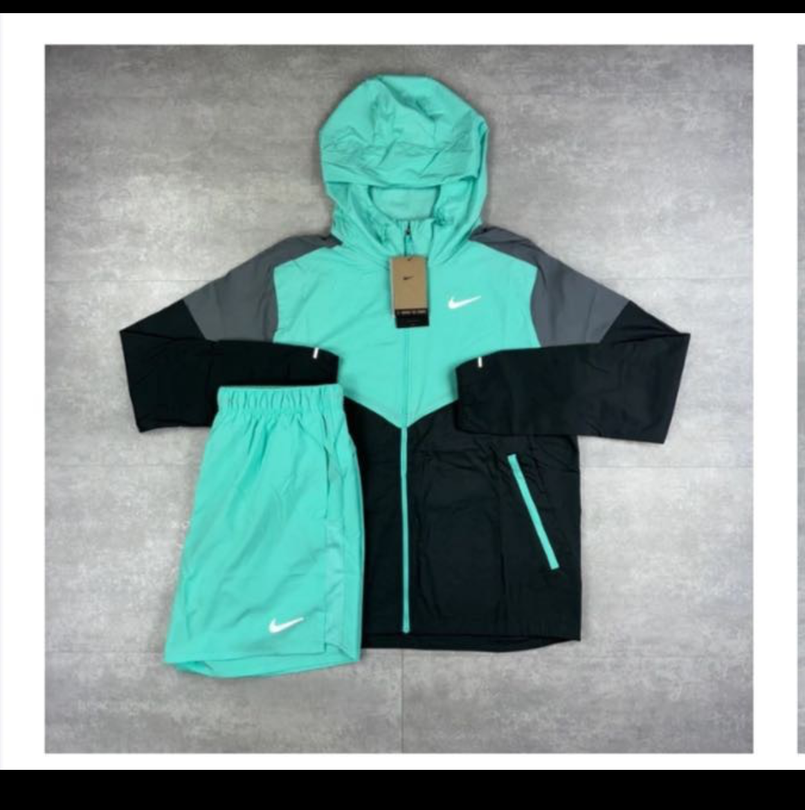 Turquoise/grey/black windbreaker and shorts set